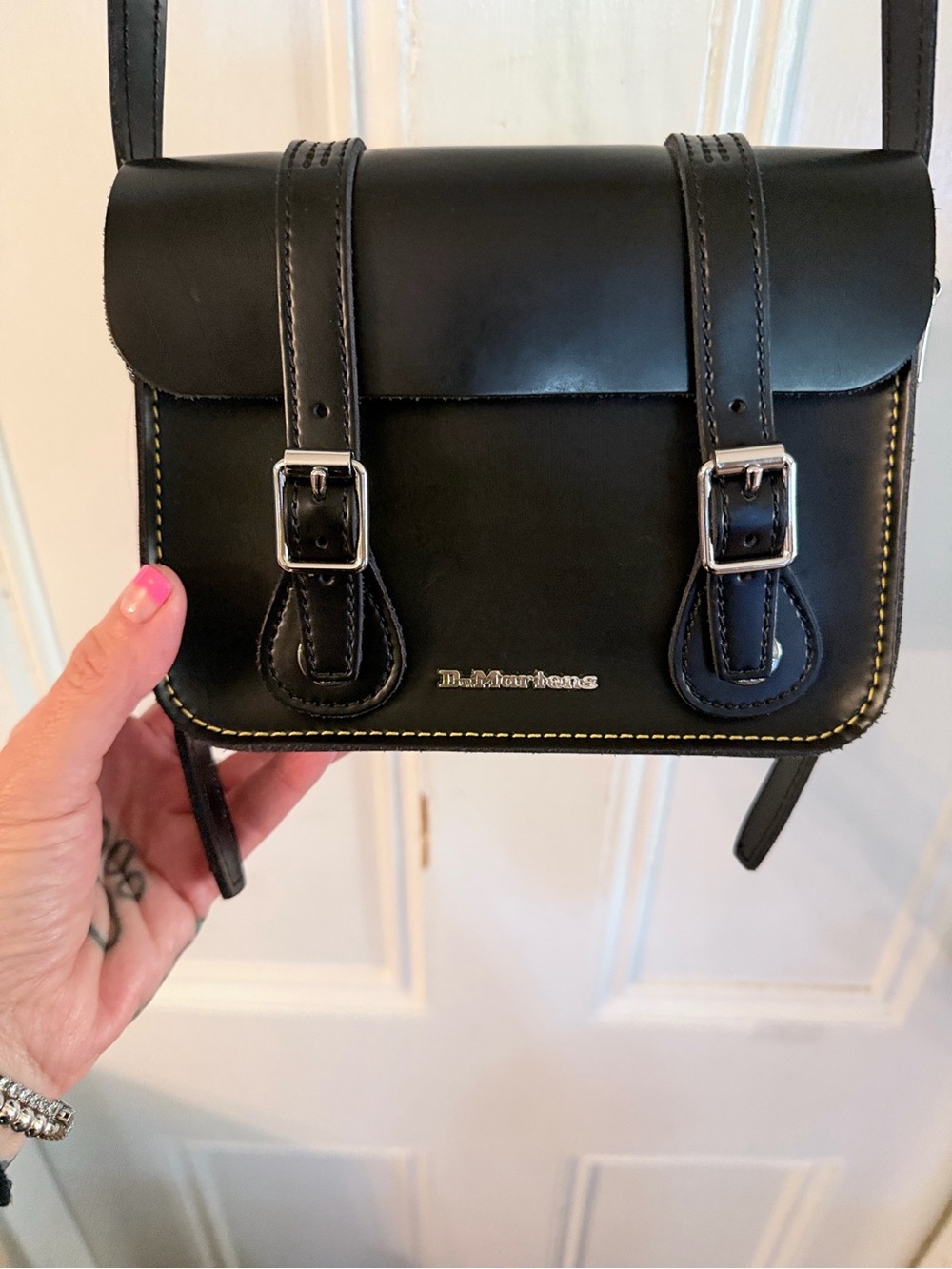 Dr. Martens Black Leather Crossbody Satchel with Yellow Stitching like new !!